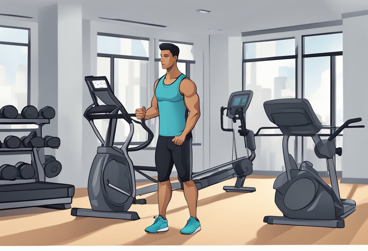 A busy professional in workout attire completing a high-intensity interval training workout, surrounded by gym equipment and a timer