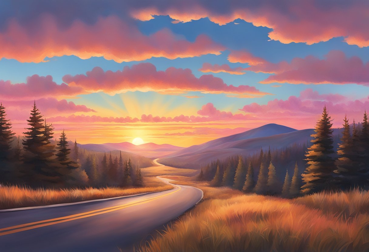 The sky glows with hues of pink and orange as the sun rises over Cadillac Summit Road, casting a warm light on the surrounding landscape