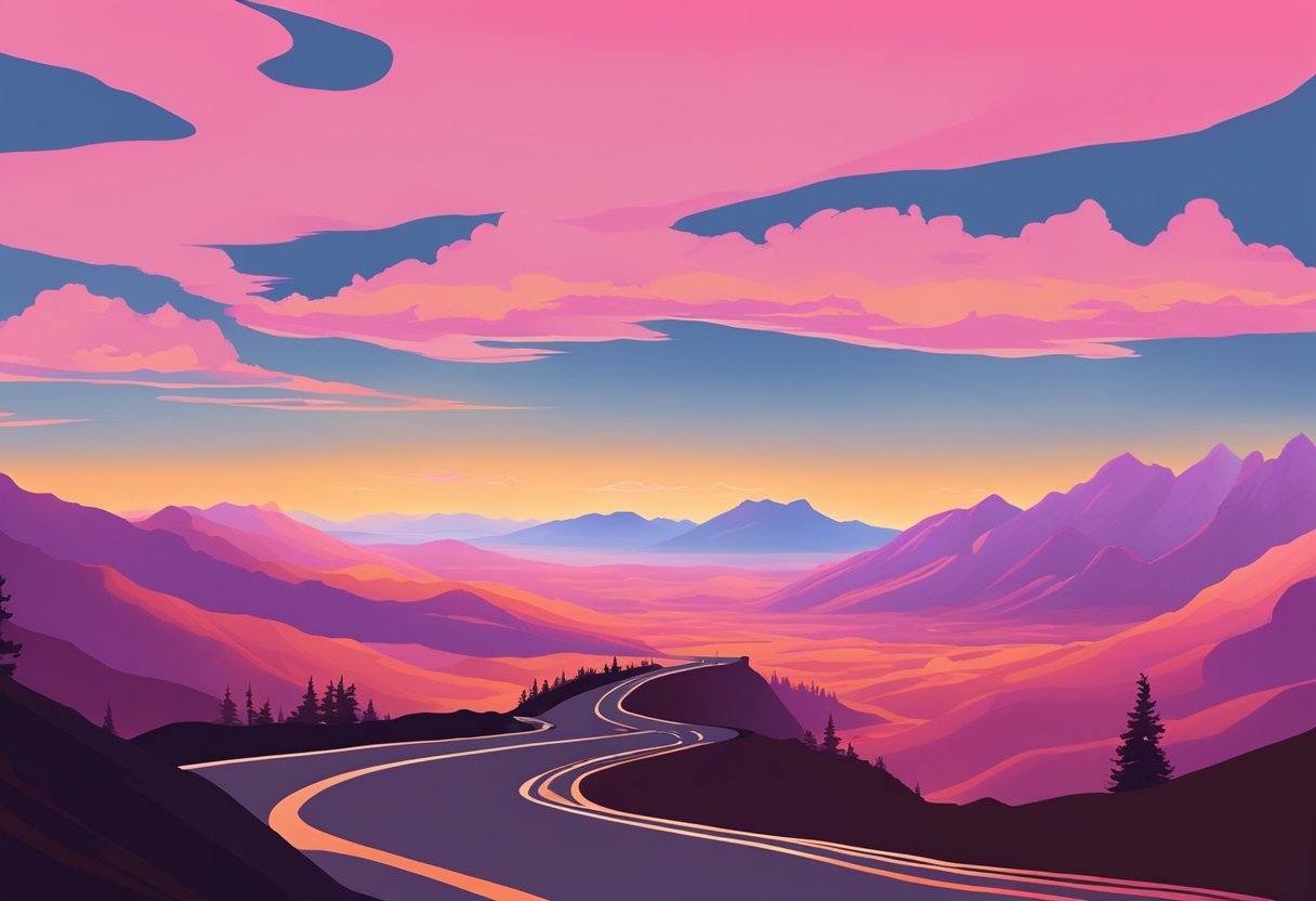 A winding road leads to Cadillac Summit at sunrise. The sky is painted in shades of pink and orange, with the silhouette of mountains in the distance