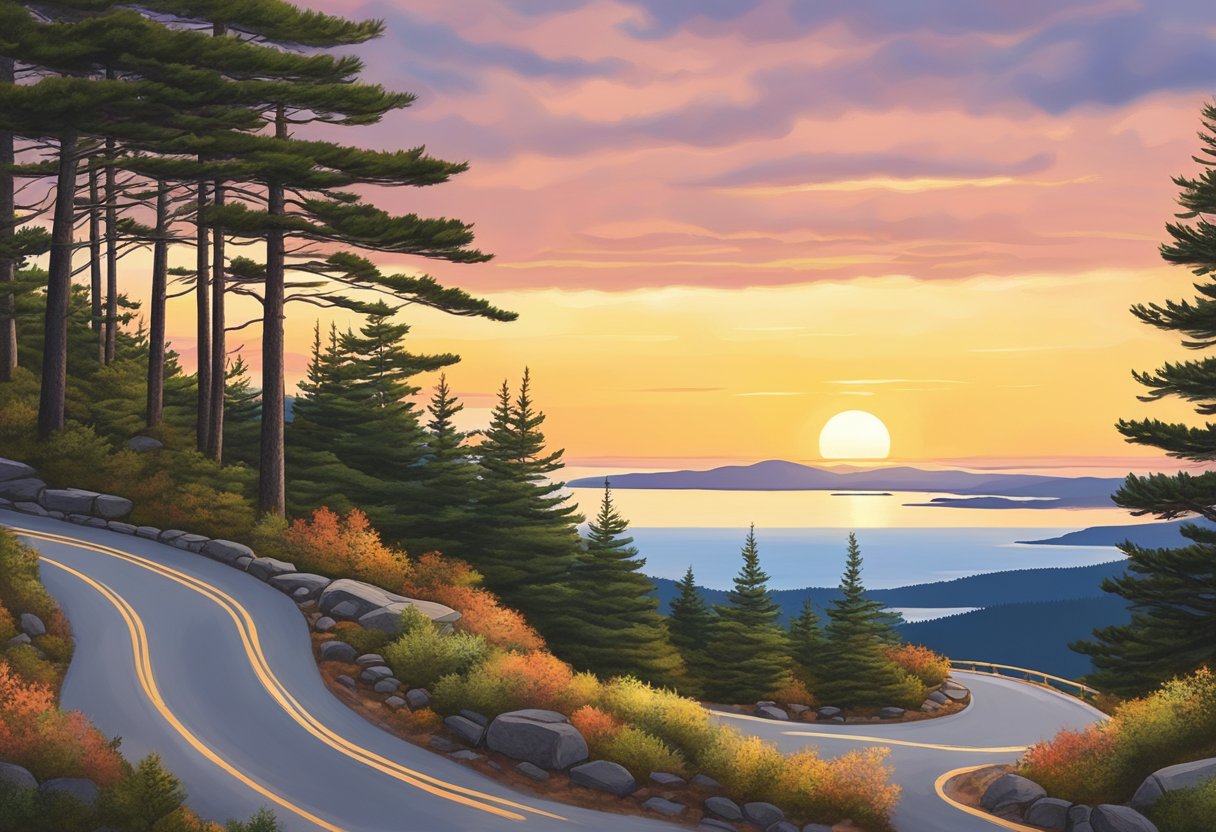 Cadillac Mountain summit road winding through pine trees, leading to a breathtaking sunrise over the Atlantic Ocean