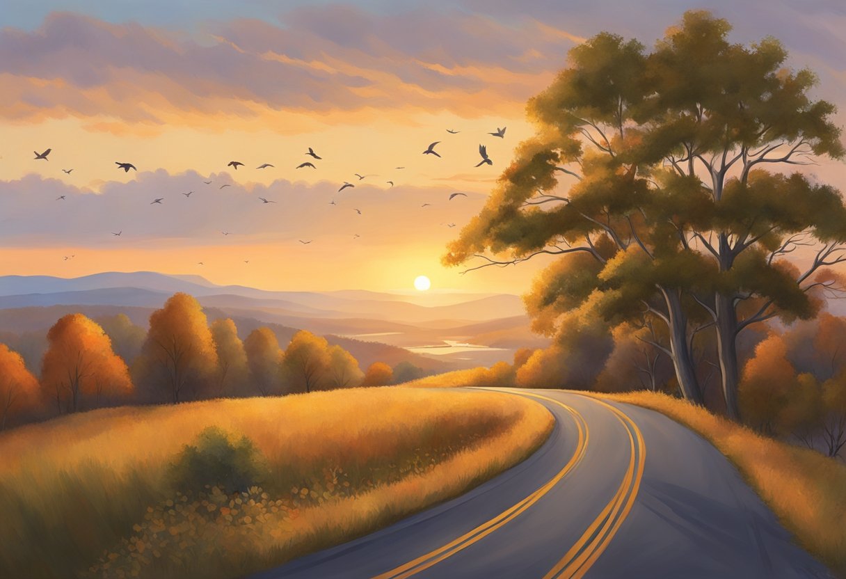 The sun rises over Cadillac Summit Road, casting a warm glow on the surrounding landscape. The stillness of the morning is interrupted only by the gentle rustling of leaves and the distant call of birds