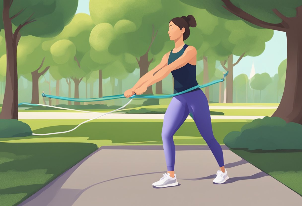 A resistance band is looped around a sturdy object, with the other end held by an invisible figure. The band is stretched as the figure performs various strength training exercises in a park setting