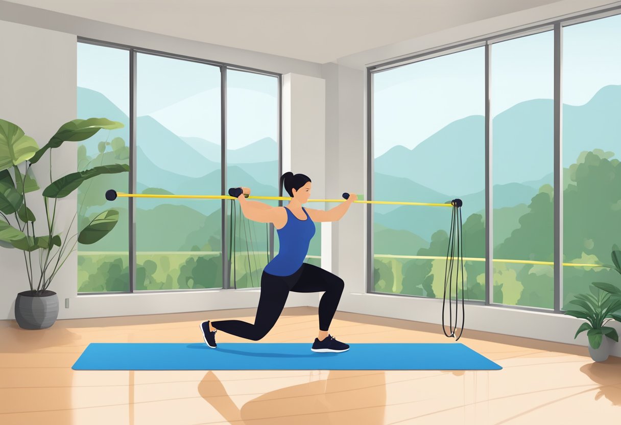 A person using resistance bands for various strength training exercises in different locations, such as a park, office, or home gym