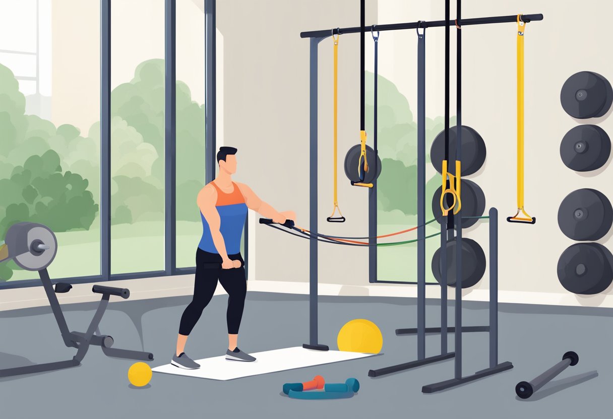 A person using resistance bands for strength training in various locations, such as a park, office, or home gym