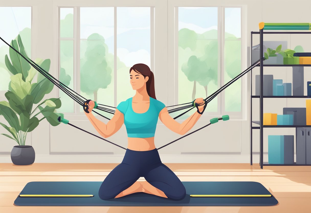 A person with resistance bands performs various strength training exercises in different locations, such as a park, office, or home gym