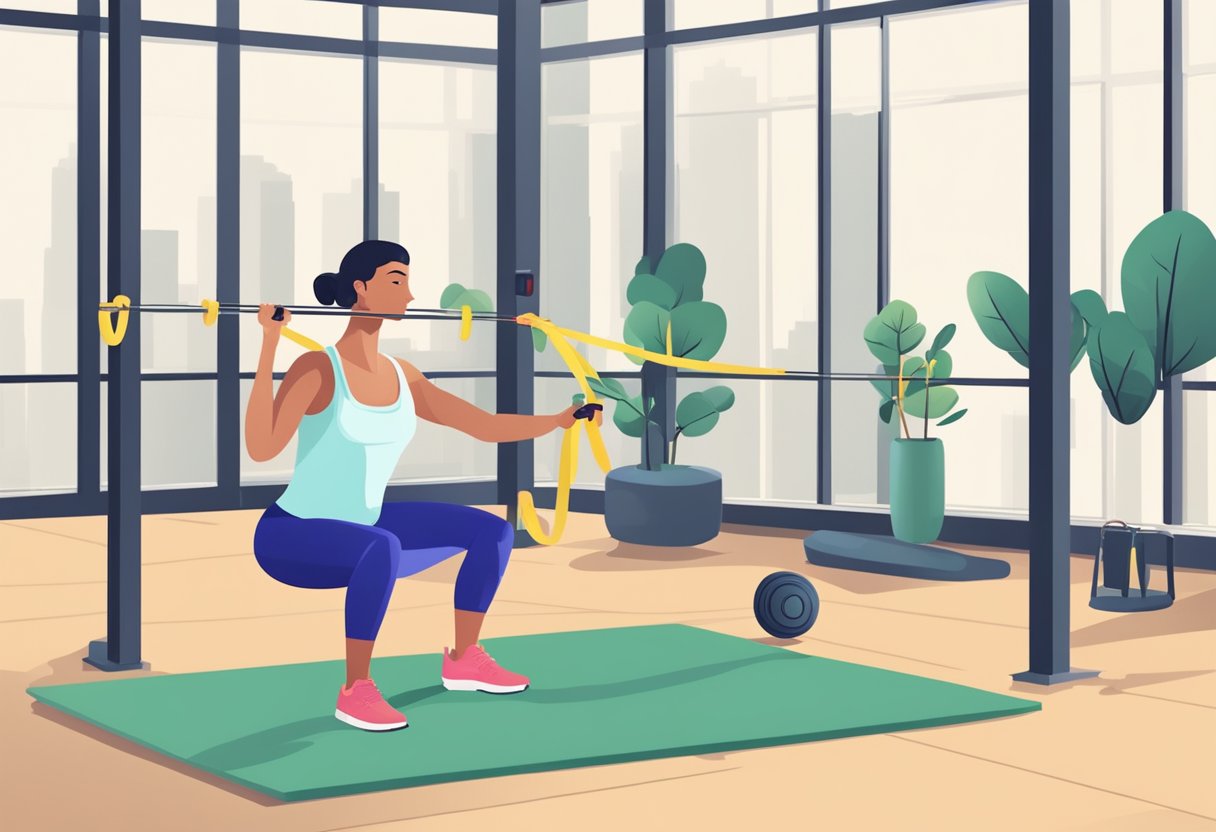 A person with a resistance band does various strength training exercises in different locations, such as a park, office, and home gym