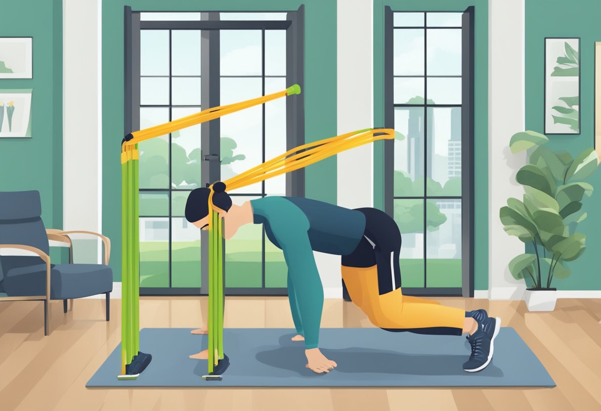 A person using resistance bands to perform various strength training exercises in different locations such as a park, office, or hotel room