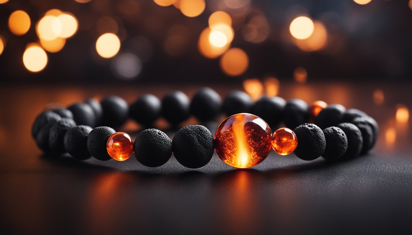 A lava rock bracelet emitting a warm, red glow, surrounded by soft, healing energy