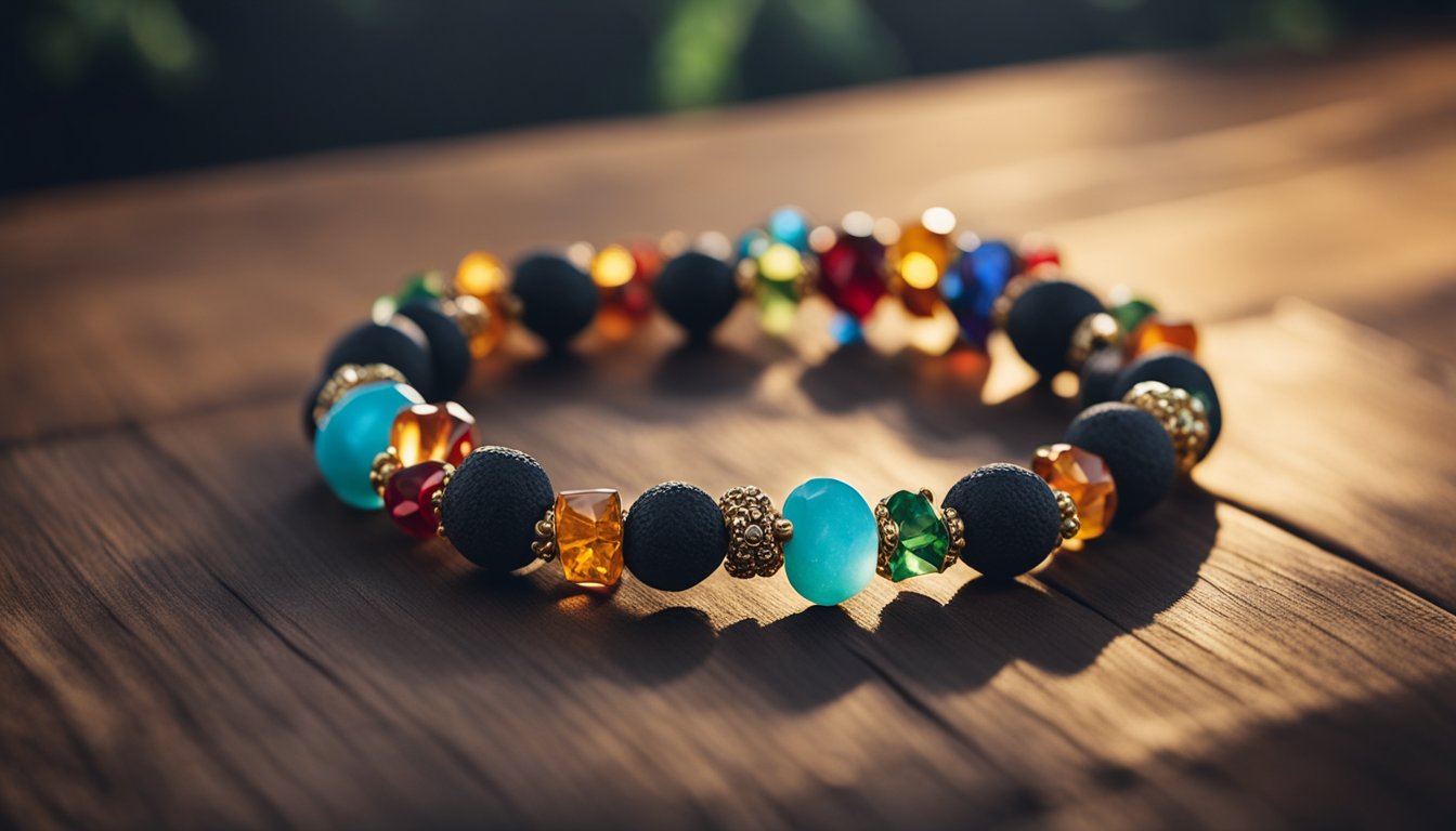 A lava rock bracelet sits on a wooden surface, surrounded by colorful gemstones. Soft, warm light illuminates the scene, highlighting the texture and natural beauty of the lava stone