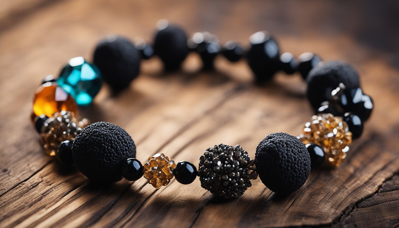 A lava rock bracelet lies on a wooden surface, surrounded by small crystals and natural elements. The deep black stones are textured and porous, contrasting with the smooth, colorful crystals