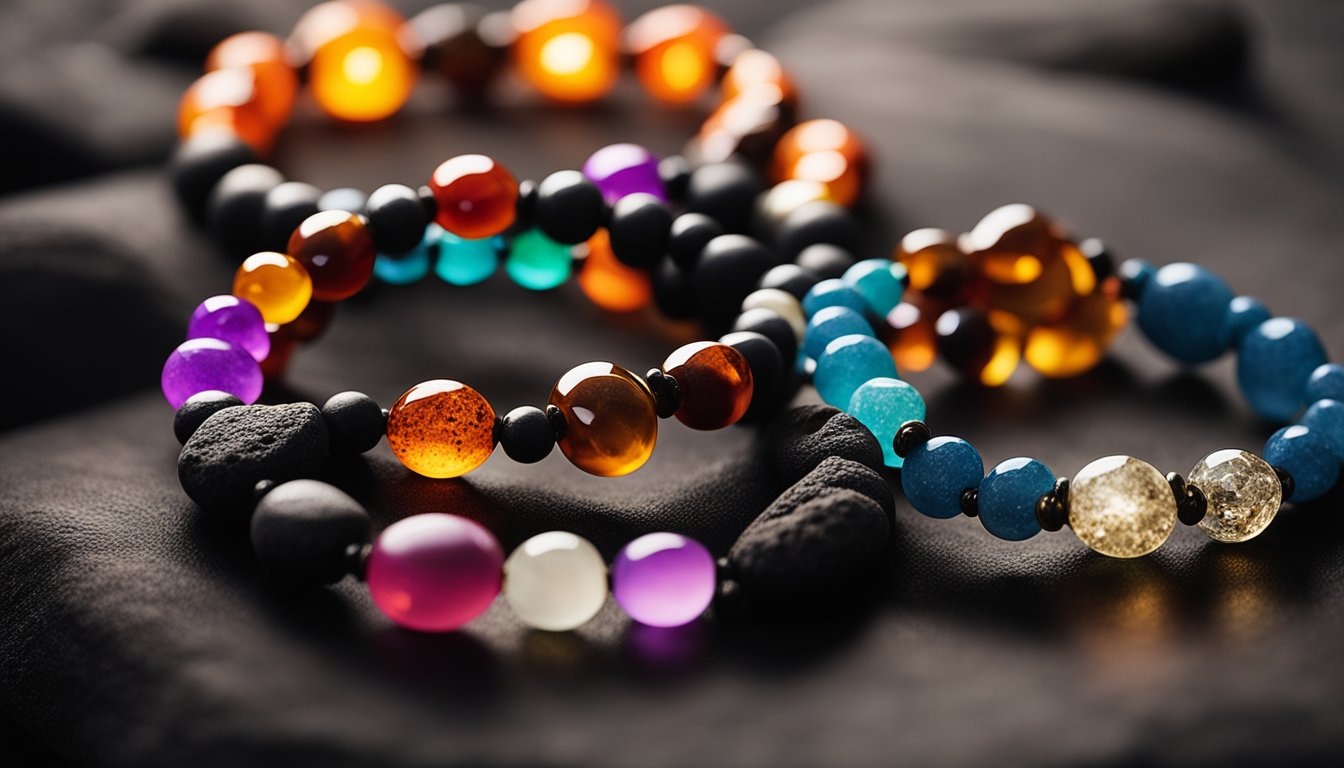 A serene scene with seven lava rock bracelets arranged in a circle, each representing a different chakra. The bracelets are surrounded by soft, glowing light, symbolizing the balancing and healing properties of the lava rock