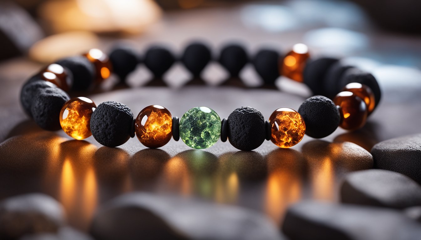 A lava rock bracelet emits a warm, protective energy, surrounding the wearer with a shield against negative forces. The healing chakra benefits are visually represented through the vibrant colors and flowing energy patterns