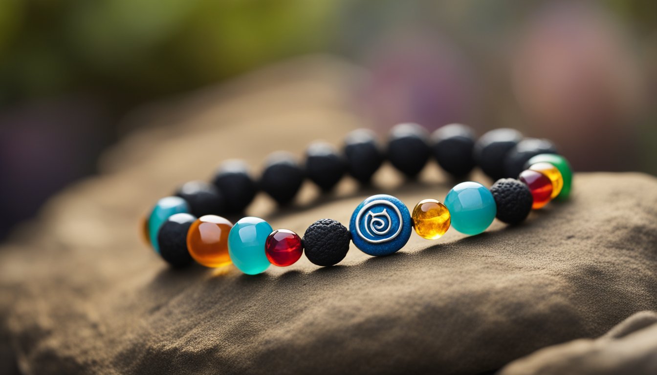 A lava stone bracelet emits energy, surrounded by colorful chakra symbols. The stones are arranged in a circular pattern, representing balance and healing