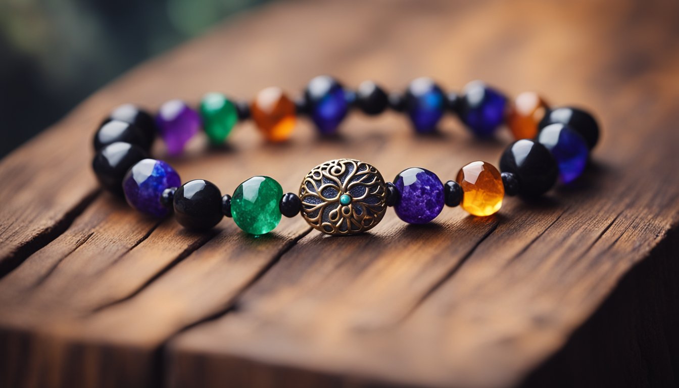 A lava rock bracelet sits on a wooden surface, surrounded by colorful gemstones. A soft glow emanates from the bracelet, creating a sense of healing and balance