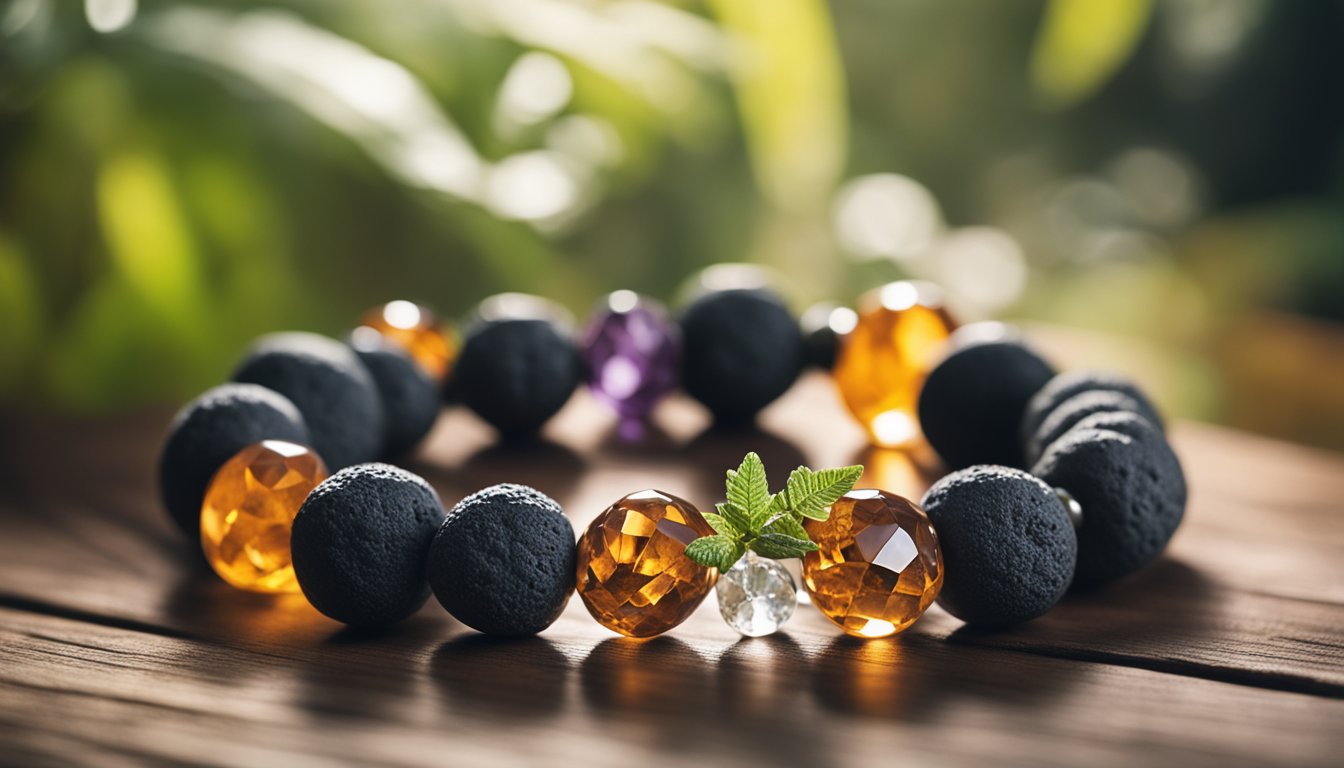 A lava rock bracelet sits on a wooden surface, surrounded by healing crystals and plants, with soft natural light illuminating the scene