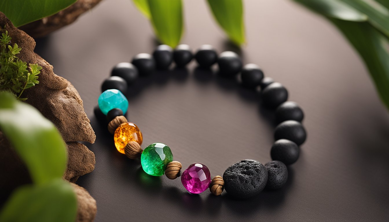 A lava rock bracelet rests on a flat surface, surrounded by colorful chakra stones and natural elements like leaves and twigs. The bracelet is positioned to showcase its healing properties and benefits