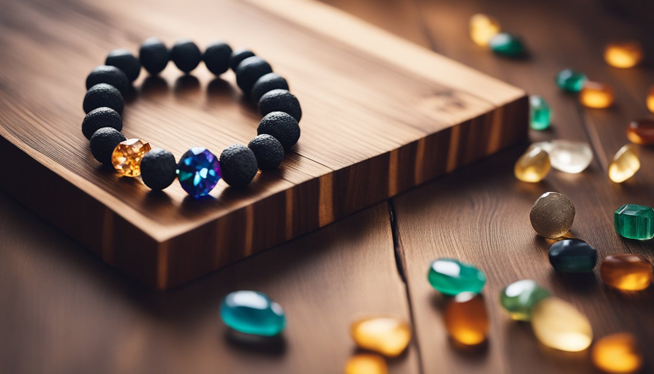 A lava rock bracelet rests on a wooden surface, surrounded by colorful gemstones. A soft glow emanates from the bracelet, casting a warm and calming energy in the room