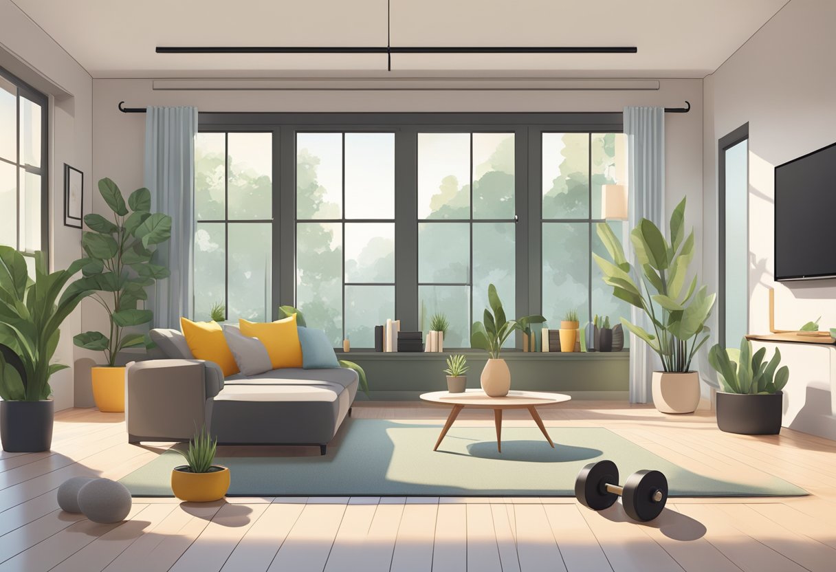 A bright, spacious living room with a yoga mat, resistance bands, and a set of dumbbells. A large window lets in natural light, and a potted plant adds a touch of greenery