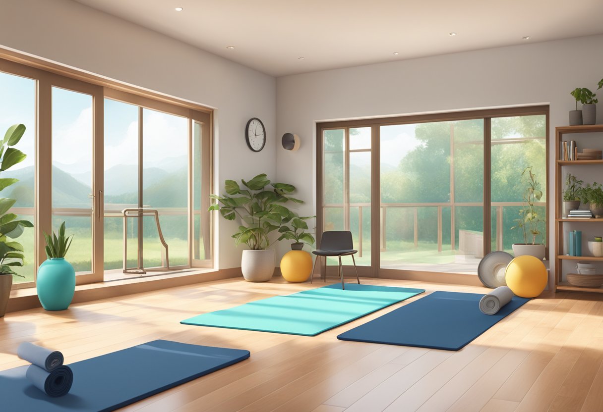 A spacious living room with a yoga mat and exercise equipment. Large windows let in natural light, creating a bright and inviting space for a bodyweight workout