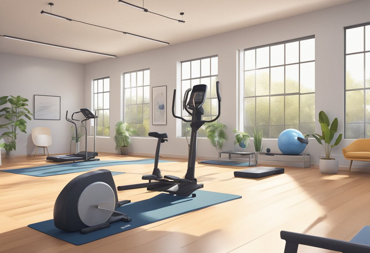 A bright, spacious room with exercise equipment neatly arranged. A timer set for 25 minutes sits on the floor. The scene is calm and inviting, with natural light streaming in through the windows