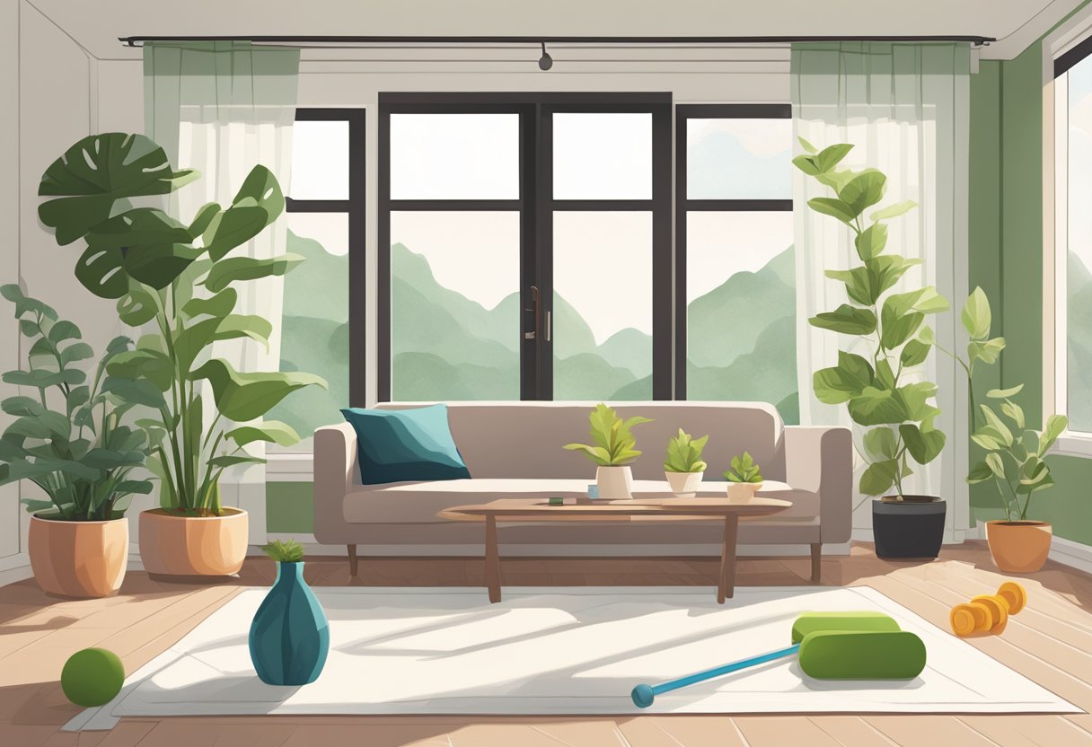 A bright, spacious living room with a yoga mat, resistance bands, and a set of dumbbells. A large window lets in natural light, and a potted plant adds a touch of greenery to the room
