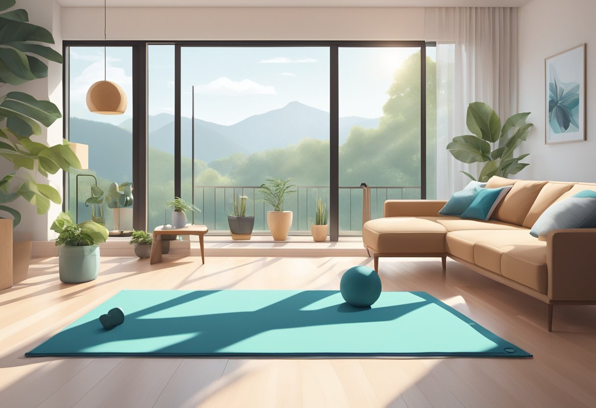 A bright, airy living room with a yoga mat, resistance bands, and a set of dumbbells laid out. A large window lets in natural light, illuminating the space