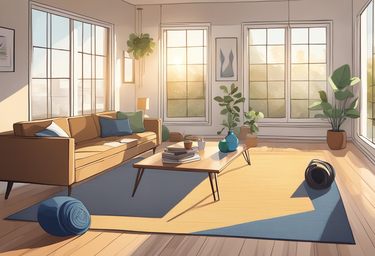 A cozy living room with a yoga mat, resistance bands, and a water bottle. Sunlight streams in through the window, creating a peaceful atmosphere for a 25-minute bodyweight circuit workout