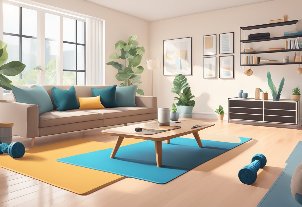 A bright, spacious living room with a yoga mat, resistance bands, and dumbbells neatly arranged. A laptop displaying a 25-minute bodyweight circuit workout video is playing on the coffee table