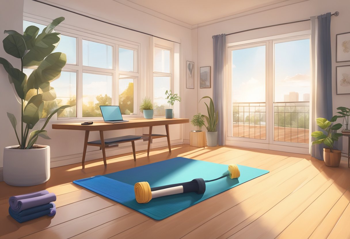 A bright, airy living room with a yoga mat and resistance bands on the floor. A laptop sits on a nearby table, displaying a workout video. Sunlight streams in through the windows, casting a warm glow over the space