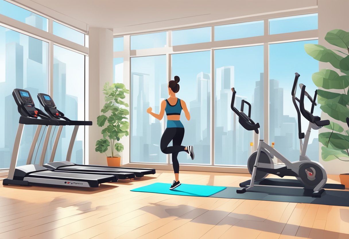 A person is performing a high-intensity cardio workout, such as jumping jacks, high knees, or burpees, in a bright and spacious exercise studio with large windows and modern gym equipment