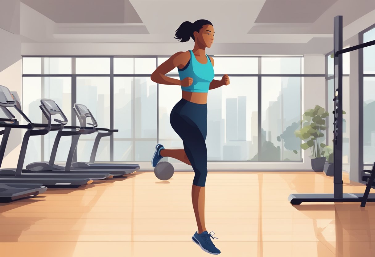 A person is performing high-intensity cardio exercises, such as jumping jacks, running in place, and burpees, in a well-lit and spacious fitness studio. The person's movements are dynamic and energetic, reflecting the efficient and intense nature of the workout