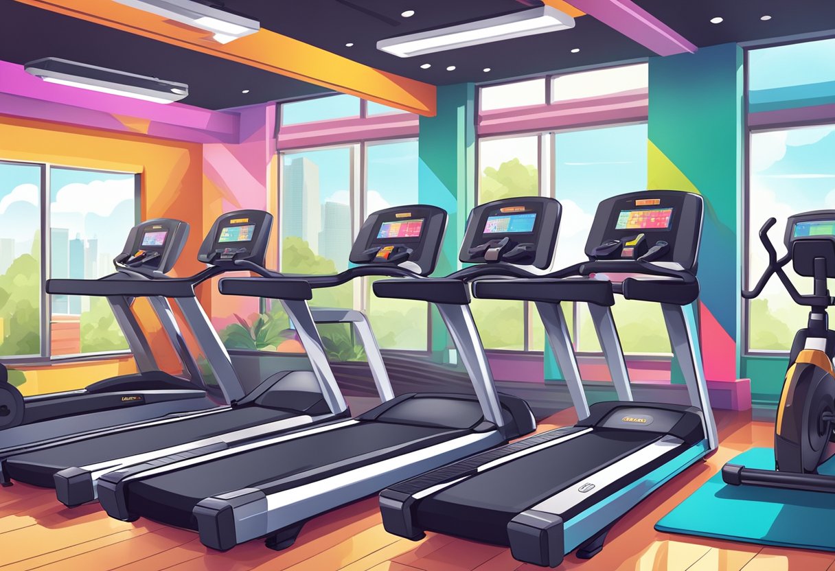 A bright and energetic gym setting with cardio equipment, such as treadmills and stationary bikes, surrounded by vibrant colors and motivational posters