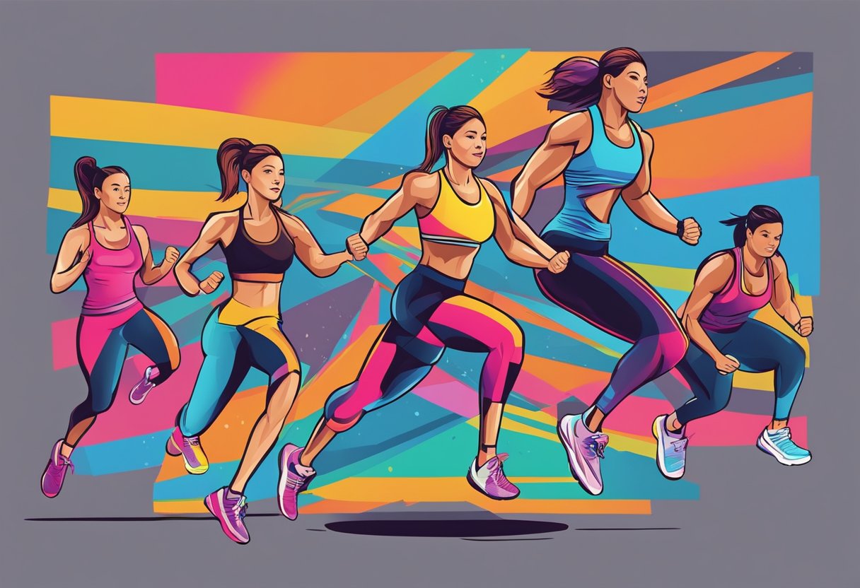 A high-energy cardio workout with jumping jacks, high knees, and burpees. Bright, dynamic colors and bold lines convey the intensity and movement of the exercises