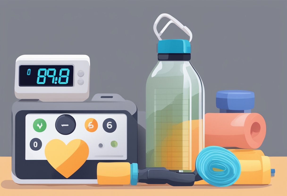 A timer set to 25 minutes with a cardio workout in progress. A heart rate monitor shows increased activity. A water bottle and towel nearby for recovery