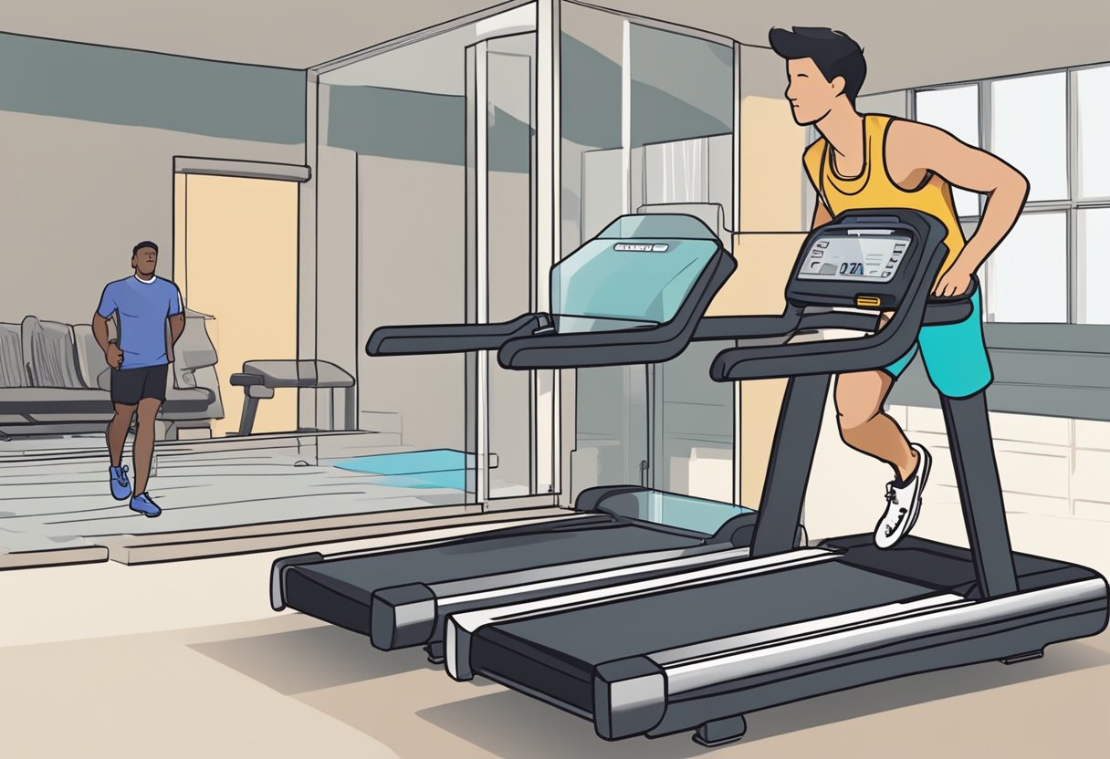 A stopwatch sits next to a treadmill, showing 25 minutes. A person's sweat-drenched towel lies nearby. The treadmill's speed and incline buttons are prominently displayed