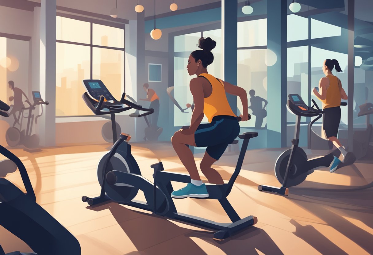 A person doing high-intensity cardio exercises in a well-lit gym with energetic music playing in the background. The individual is sweating and appears focused and determined