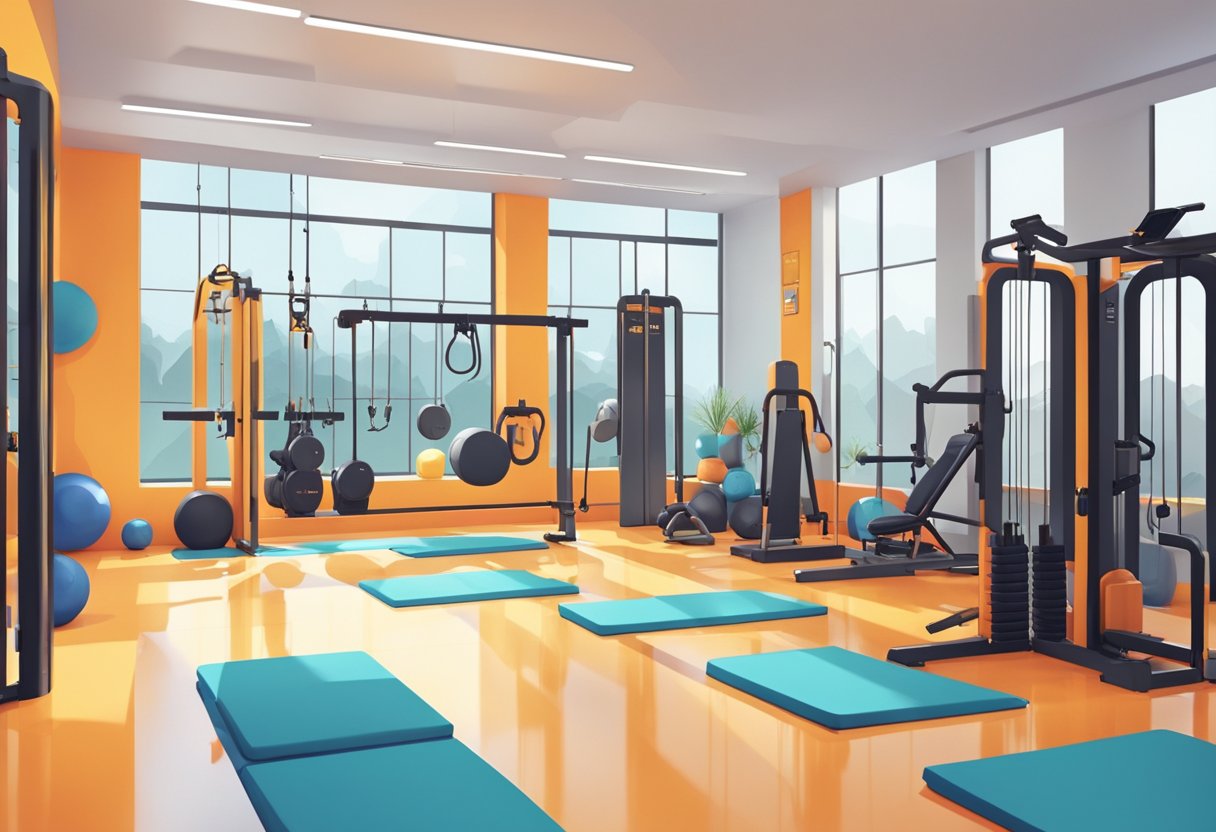 A gym setting with various functional training equipment arranged in a compact space. Bright, energetic colors and clean, modern design create an inviting atmosphere for a 30-minute workout