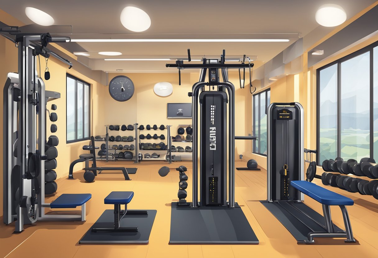 A gym setting with various functional training equipment arranged in a compact space. Timer displayed on the wall. Intense energy and focus evident in the atmosphere