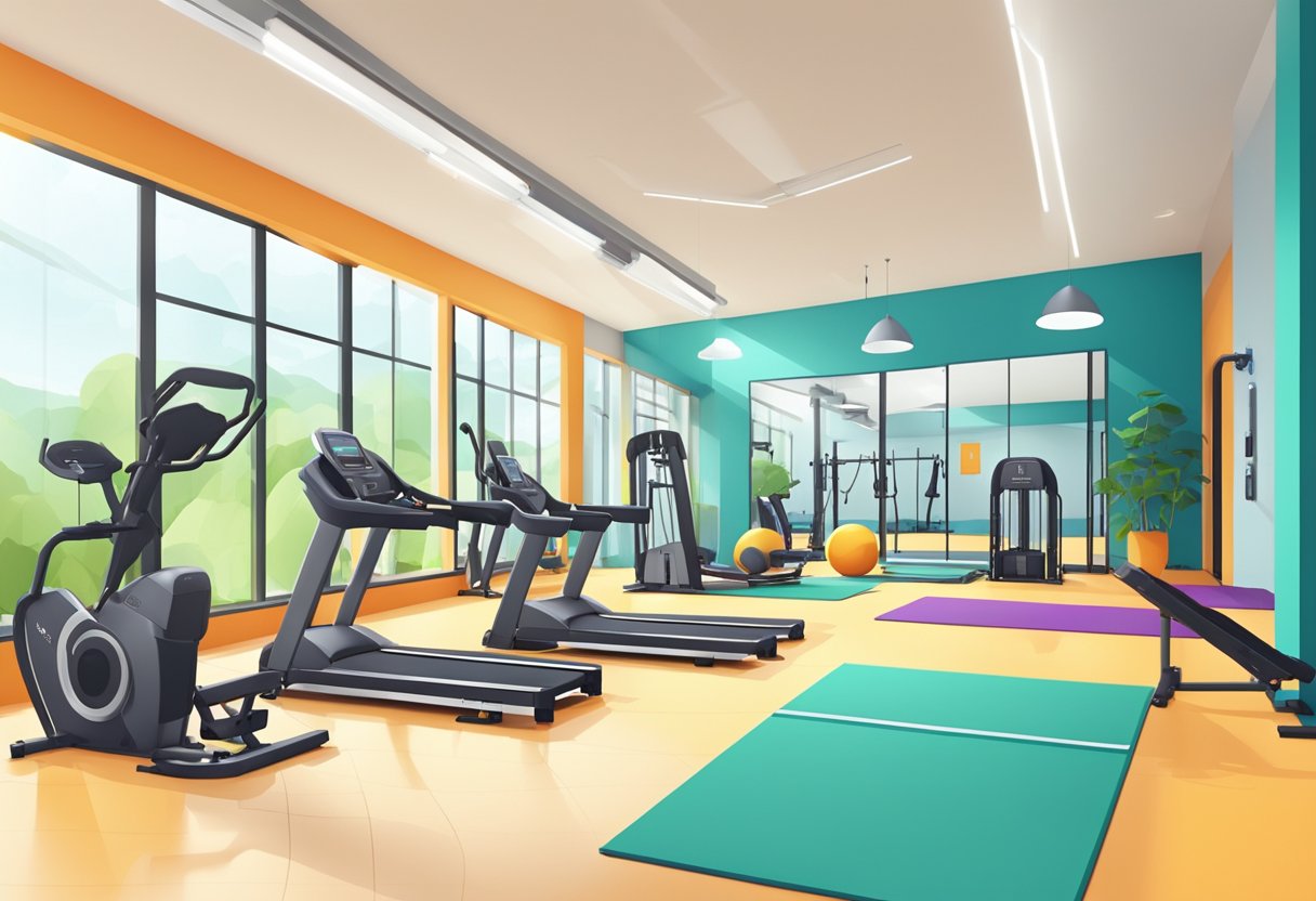 A well-lit gym with various functional training equipment arranged in a spacious and organized layout. Bright colors and clean lines create an inviting and energetic atmosphere