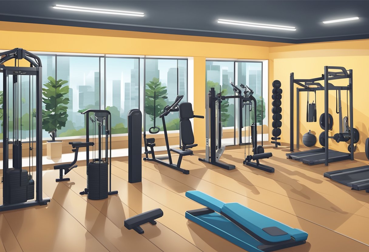 A well-equipped gym with various functional training equipment arranged in a spacious, well-lit room. The scene depicts a dynamic and efficient workout space for 30-minute training sessions