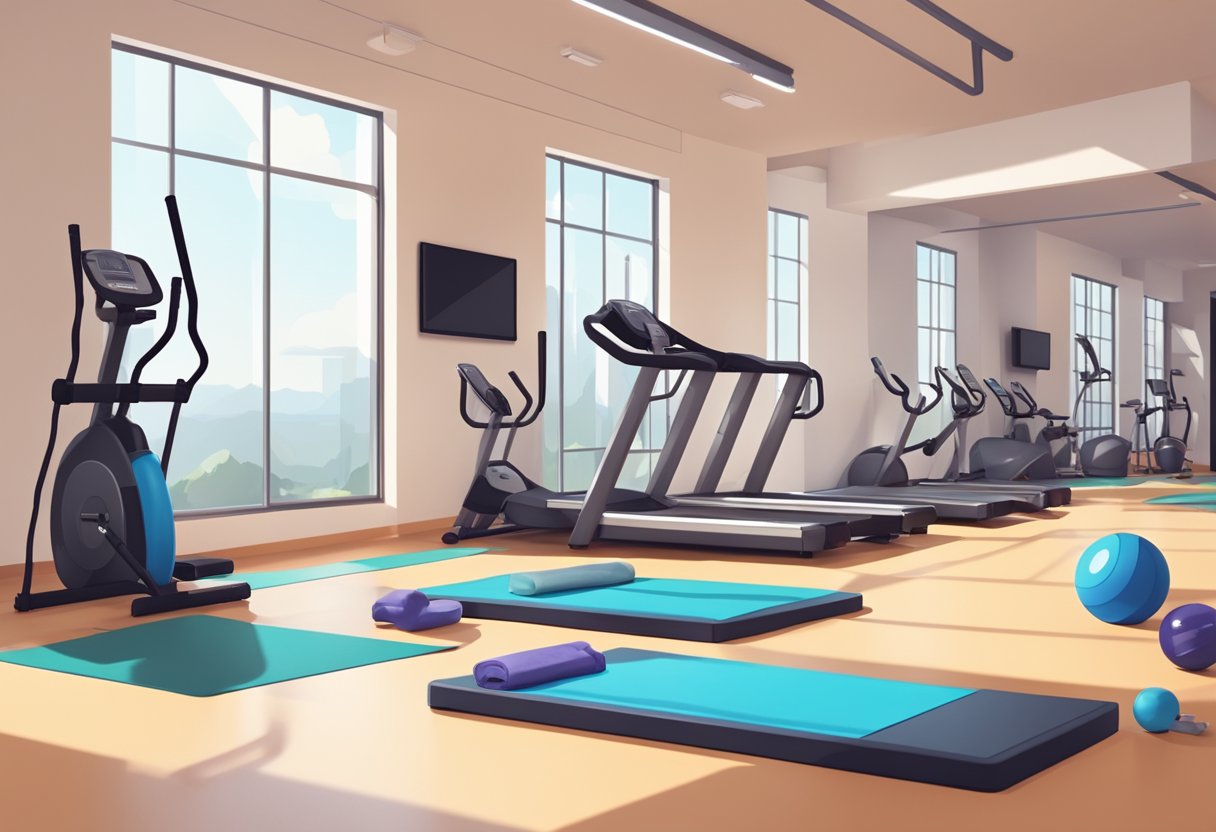 A gym with various functional training equipment arranged in a spacious and well-lit room. A timer on the wall shows 30 minutes. Sweat towels and water bottles are scattered around