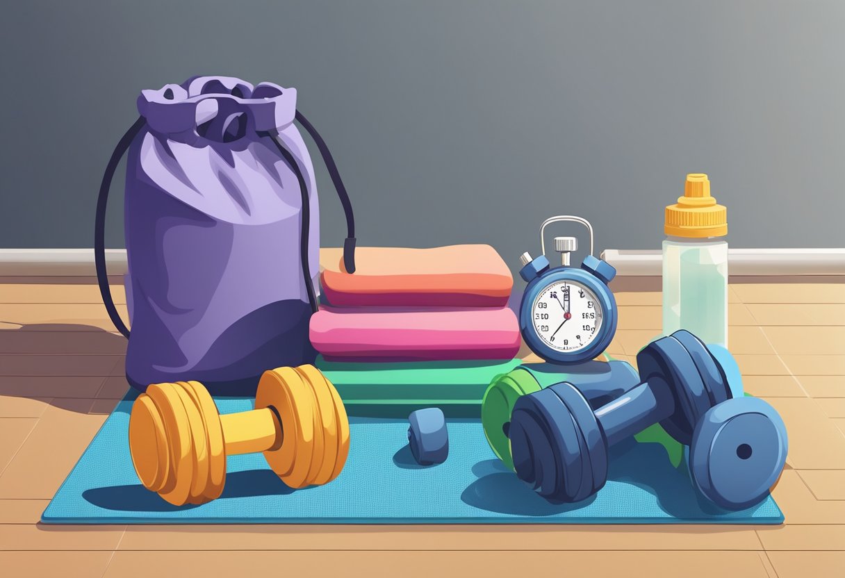 A stopwatch sits next to a set of dumbbells and resistance bands on a rubber mat, surrounded by a water bottle and towel. A timer on the wall reads 30 minutes