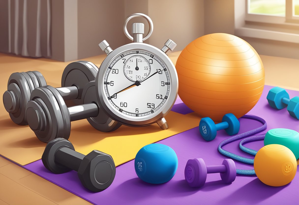 A stopwatch sits beside a set of dumbbells and resistance bands, surrounded by a yoga mat and exercise ball in a brightly lit gym studio
