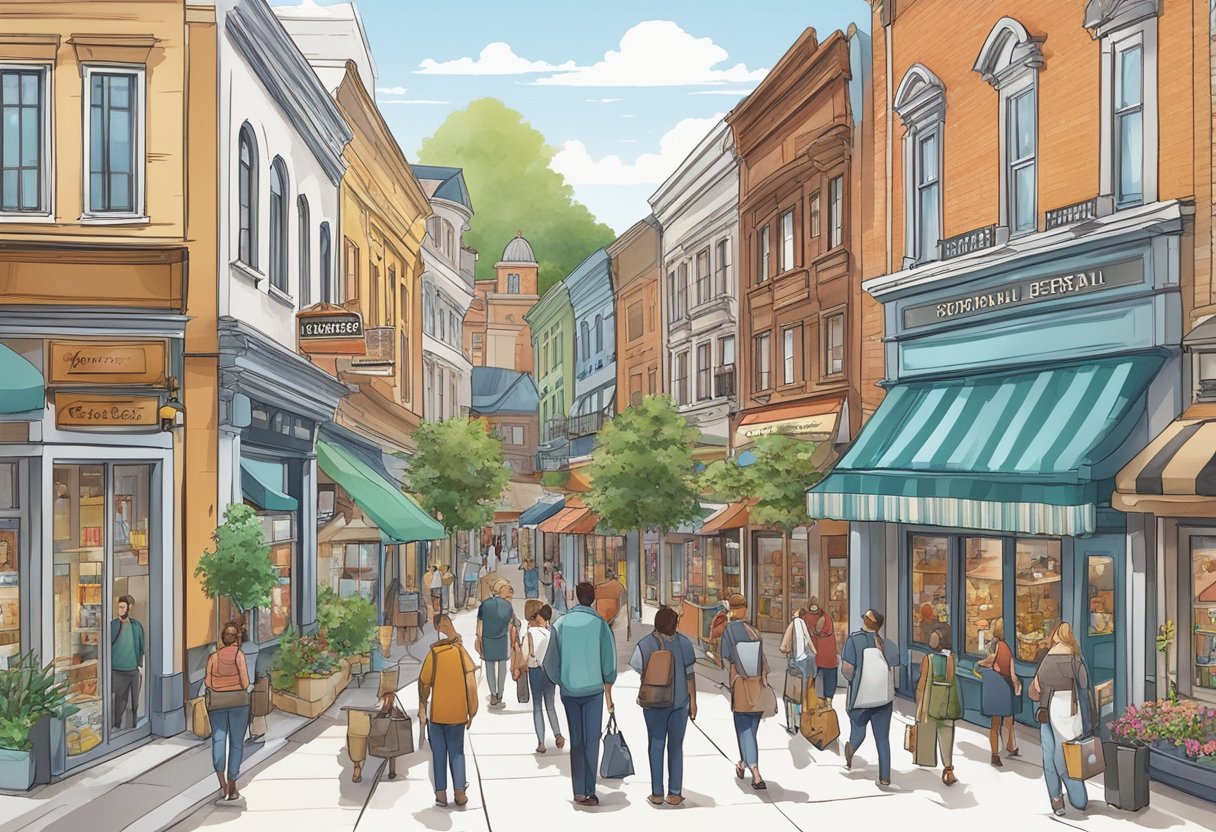 A bustling retail strip with various storefronts, a mix of small and large buildings, and a main street lined with shops and restaurants. The scene is alive with people and activity, showcasing the dynamic nature of lease management for retail locations