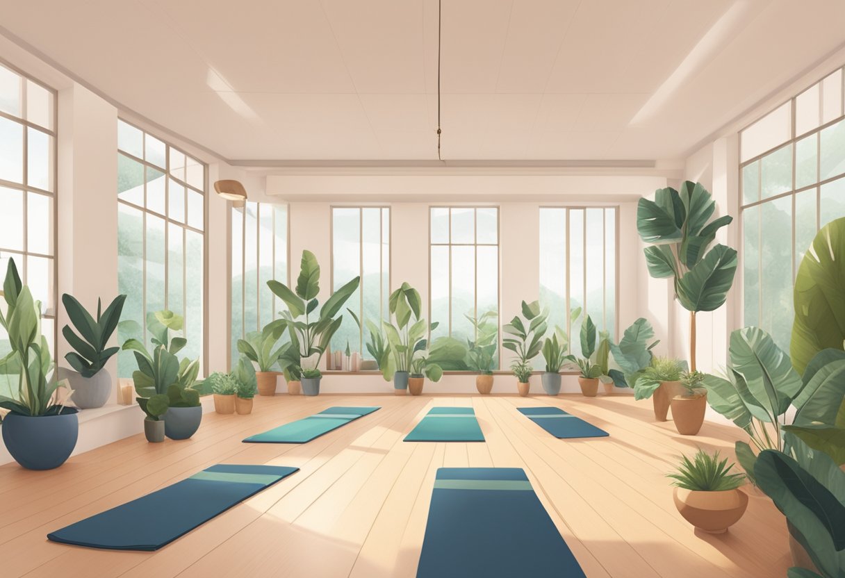 A serene yoga studio with mats arranged in a spacious, well-lit room. Plants and soft music create a calming atmosphere for a 25-minute yoga sequence