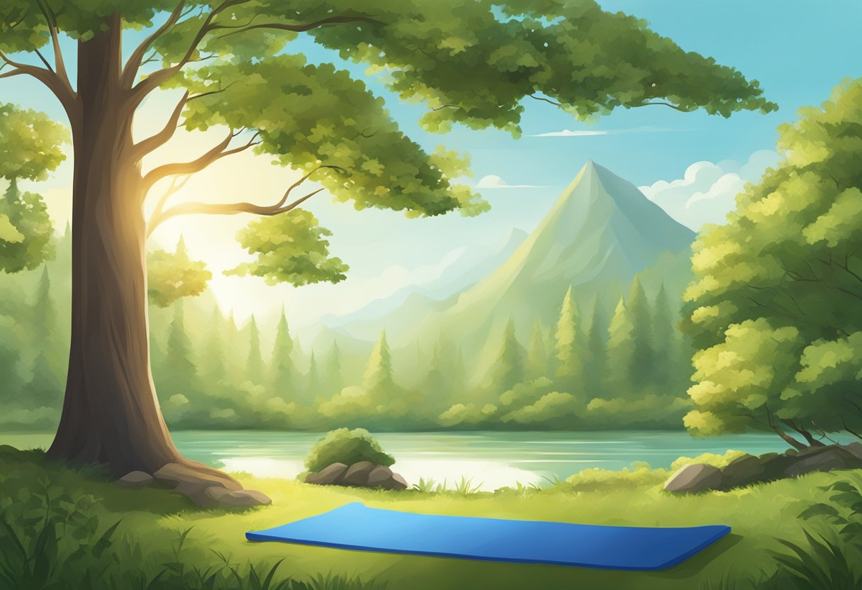 A serene setting with a yoga mat surrounded by nature, including trees and a clear sky. The scene should convey a sense of balance, strength, flexibility, and relaxation