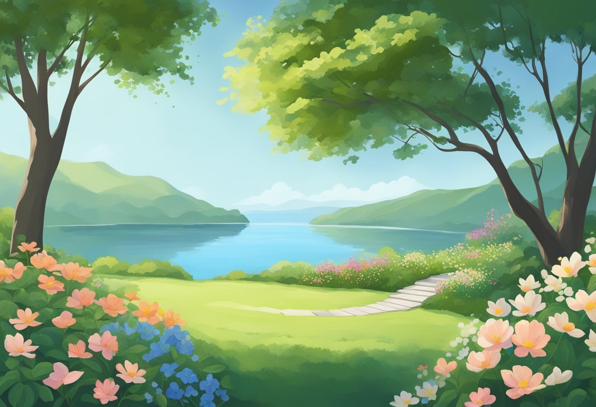 A serene natural setting with a clear blue sky, lush greenery, and blooming flowers. A peaceful, secluded spot for yoga practice