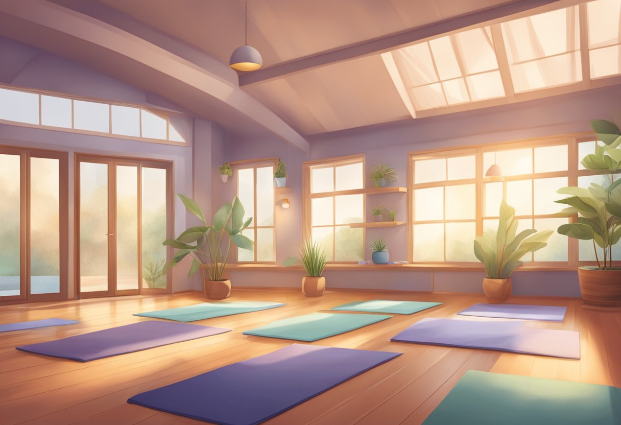 A serene yoga studio with soft lighting and a peaceful atmosphere, featuring a variety of yoga poses for strength, flexibility, and stress relief