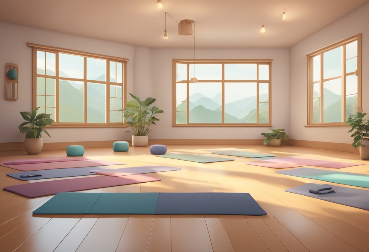 A serene yoga studio with mats, blocks, and straps. Soft lighting and calming decor create a peaceful environment for practicing yoga sequences