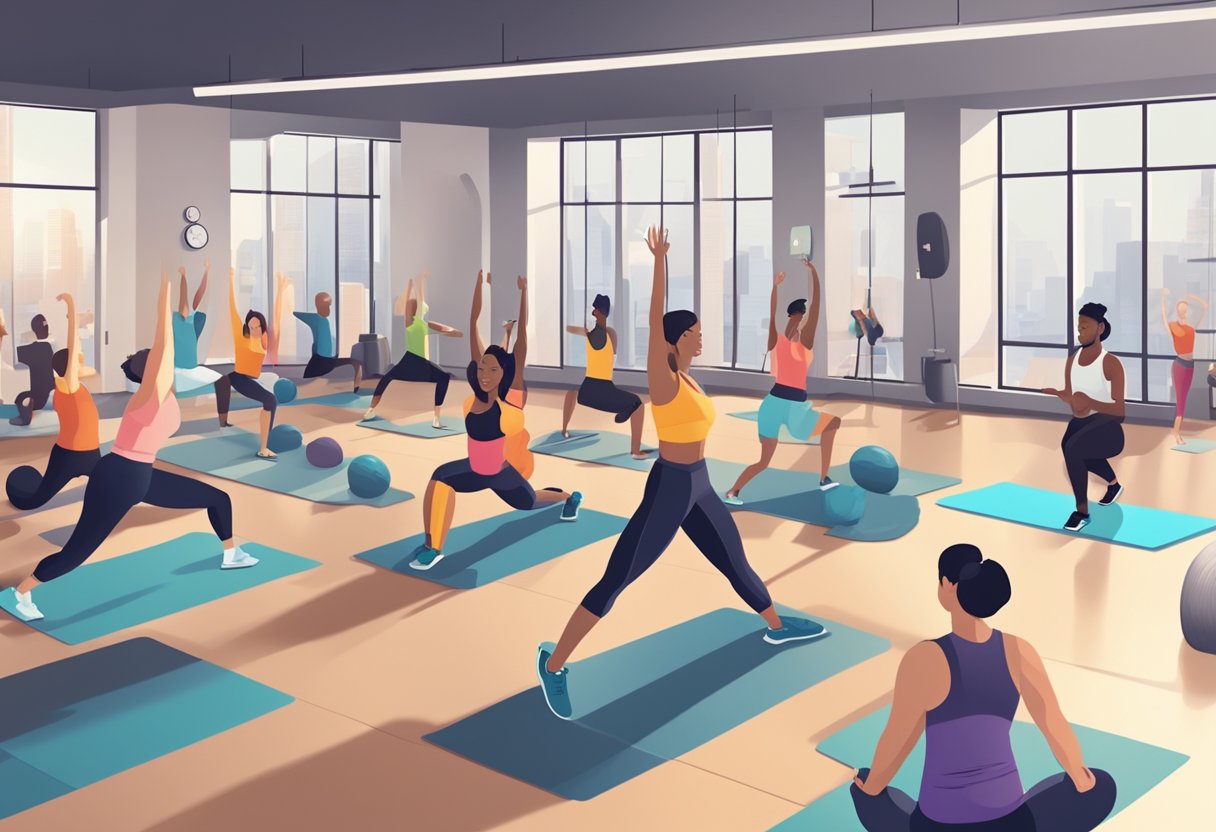 A diverse group of people engage in high-intensity interval training, yoga, and strength exercises in a modern gym setting. Timer and fitness equipment are visible